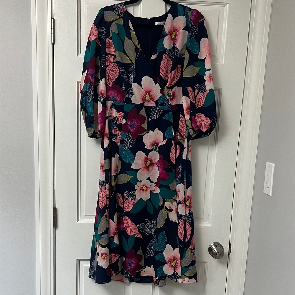 Eliza J Floral Midi Dress - Navy and Pink